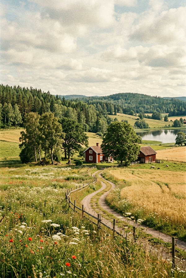 Målerisk vy över ett grönt, böljande landskap med en å eller flod som slingrar sig genom fält.