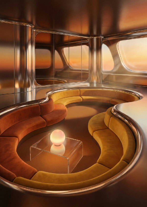 Retrofuturistisk 1970-tals interiör, airbrush illustration. Nedsänkt konversationsgrop, kromväggar, glödande jordglobslampa.