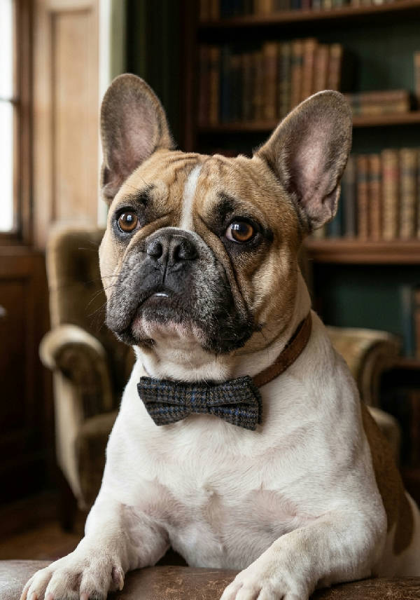 Närbild på en fransk bulldog med uttrycksfulla drag, tecknad i ett detaljerat porträtt med ljusbrun och cremefärgad päls.