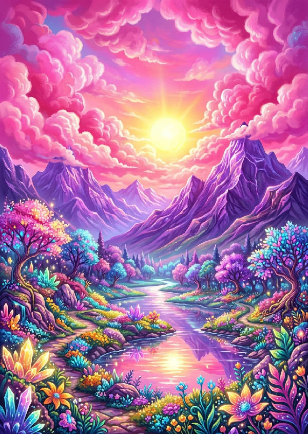 Ett surrealistiskt landskap i porträttformat som visar majestätiska lila berg under en himmel med mjuka rosa moln.