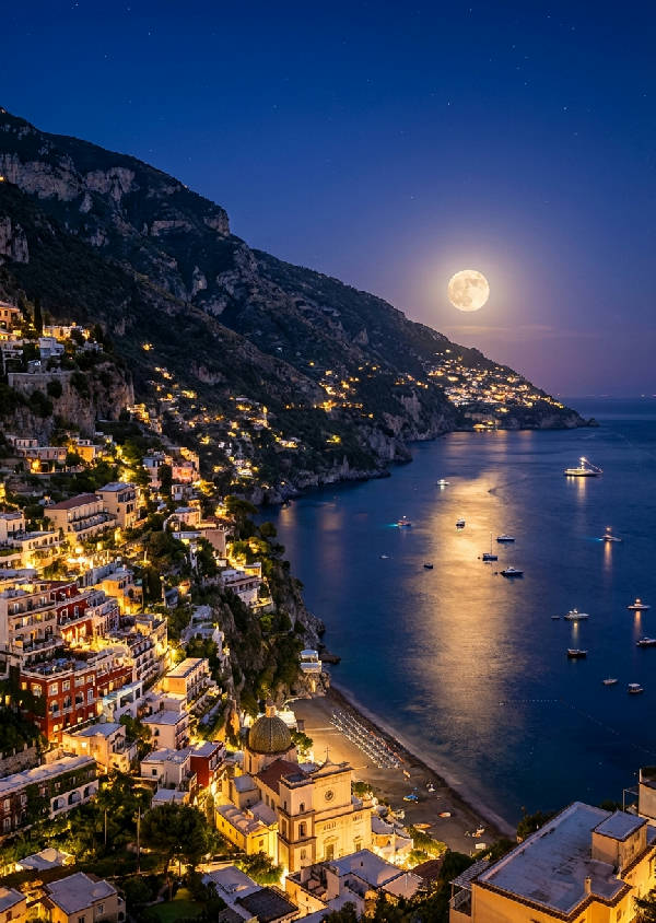 Hyperrealistisk vidvinkelvy av Positano på natten, med hela byn upplyst av tusentals varma ljus som kaskaderar nerför klippan, havet reflekterar ljusen och en fullmåne stiger över den dramatiska kustlinjen.