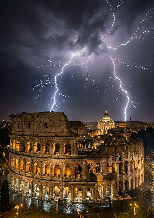 Hyperrealistiskt nattfotografi av Colosseum i Rom under ett annalkande åskväder med blixtnedslag.