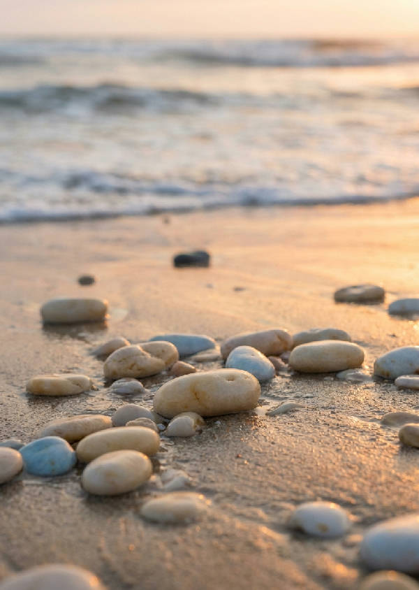 Närbild av släta, ljusa strandstenar på våt sand med suddiga havs vågor i bakgrunden vid gyllene timmen