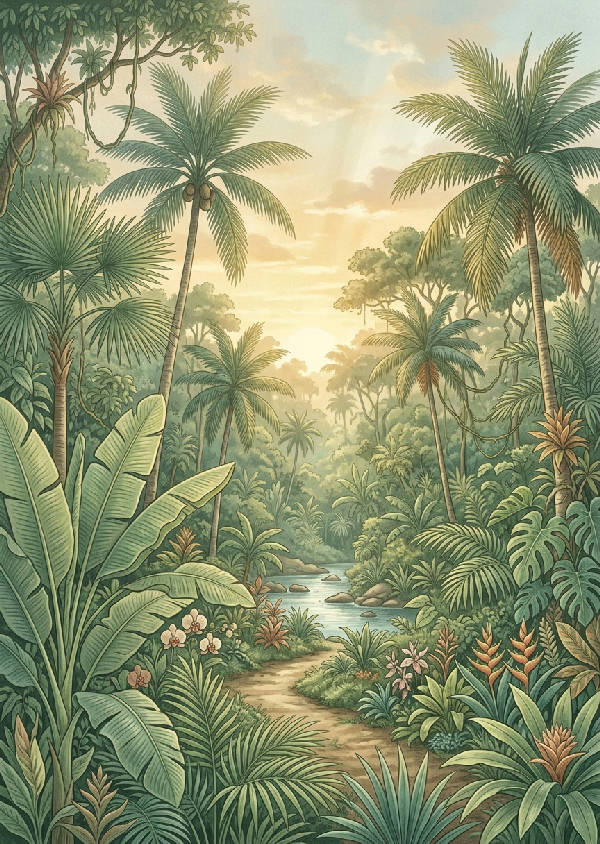 Närbild av lummiga tropiska blad i skira pastellgröna och beigea toner, med ett mjukt, diffust ljus som silas igenom lövverket.