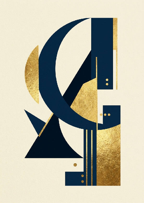 Vertikal abstrakt målning med minimalistiska former i nyanser av marinblått och skimrande guld. Mjuka linjer och överlappande element.