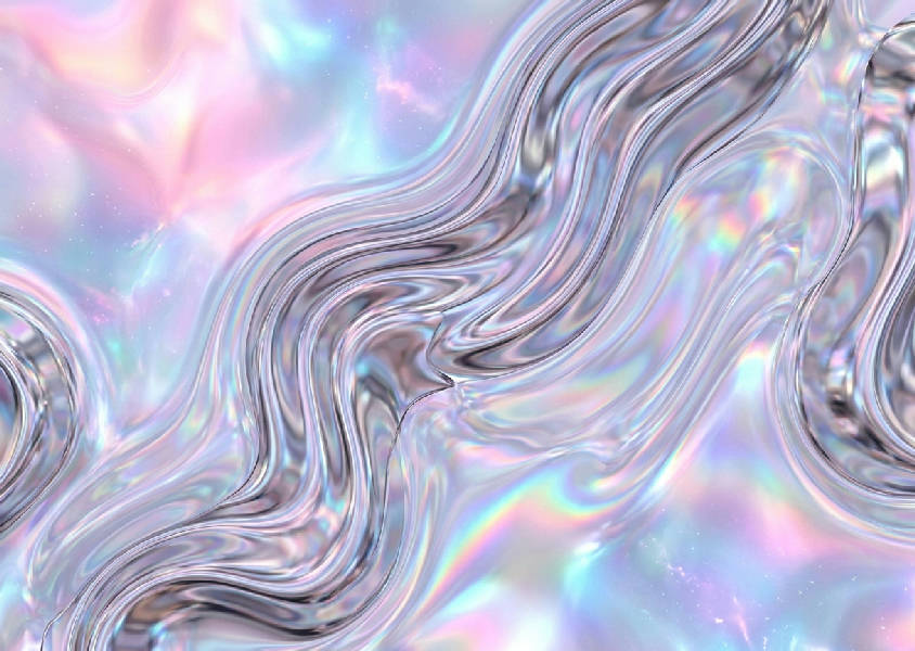 Abstrakt 3D-rendering av vågig flytande krom som korsar mjuk holografisk vätska i rosa, blått och lavendel.