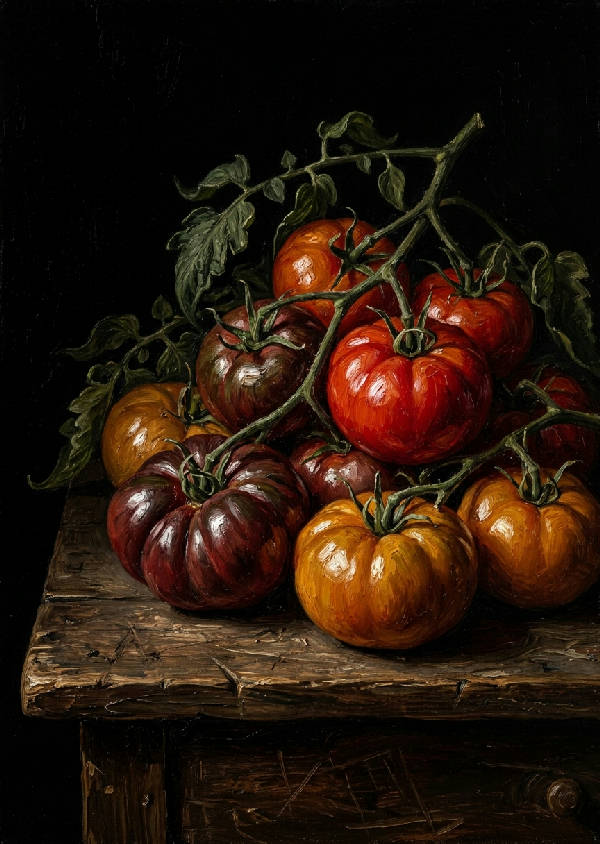 Klassisk chiaroscuro oljemålning av kluster av knöliga kulturarvstomater på vinstockar på rustikt mörkt träbord med dramatiskt ljus mot svart bakgrund.