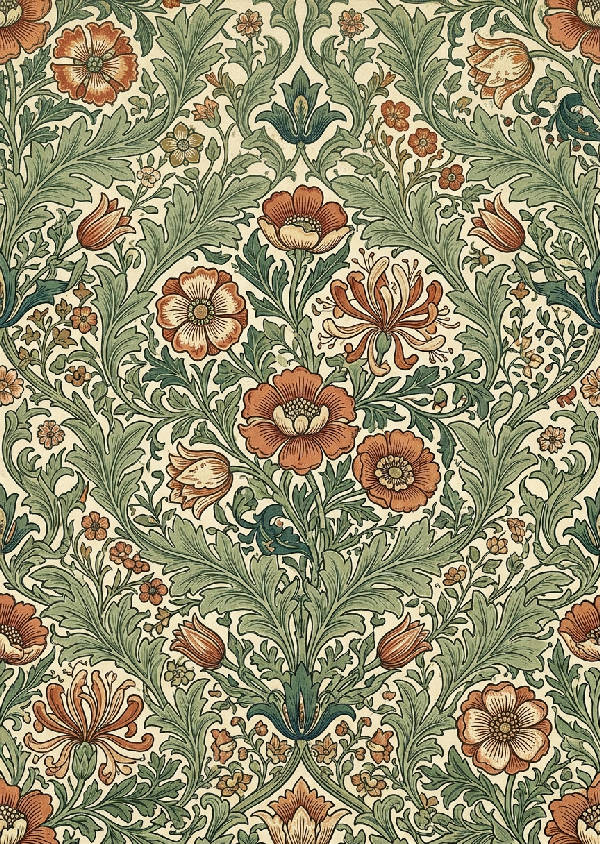 Detaljerat blommigt mönster i William Morris-stil med intrikata blommor och blad i salviagrönt och terrakotta, vertikal