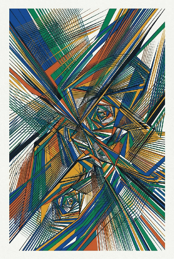 Närbild av minimalistisk abstrakt linjekonst på ett vitt papper med tunna svarta linjer i olika vinklar