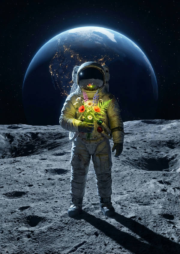 Hyperrealistiskt porträtt av en astronaut i rymddräkt på månen som håller en bukett glödande blommor, med jorden vid horisonten och långa blå skuggor.