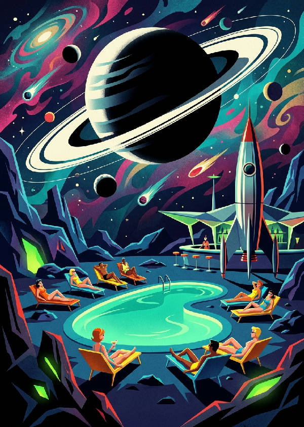 Mid-century modern 1960-tals asteroidpoolparty. Figurer vid turkos pool, orange stolar, Saturnus planet.