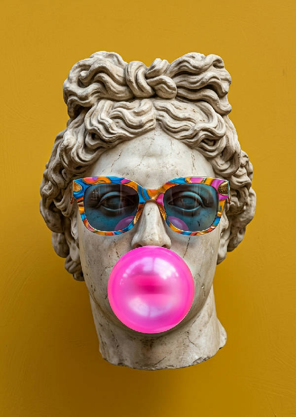 Porträtt av en klassisk grekisk staty i vit marmor som blåser en stor rosa tuggummibubbla.