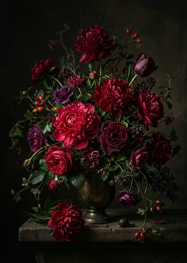 Mörk och dramatisk blombukett i en vas, inspirerad av klassiska målningar med rika färger och kontrasterande ljus.