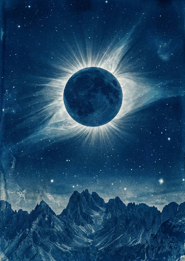 Total solförmörkelse med silver och vit korona över en stiliserad bergsrygg. Djup indigo och preussisk blå stjärnfylld kosmisk bakgrund.