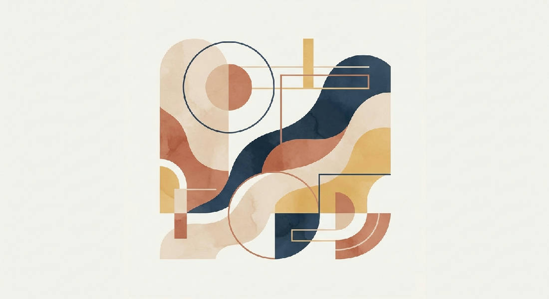 Abstrakt komposition med organiska former och geometriska linjer. Beige, terracotta, marinblå, senapsgul. Lugn.