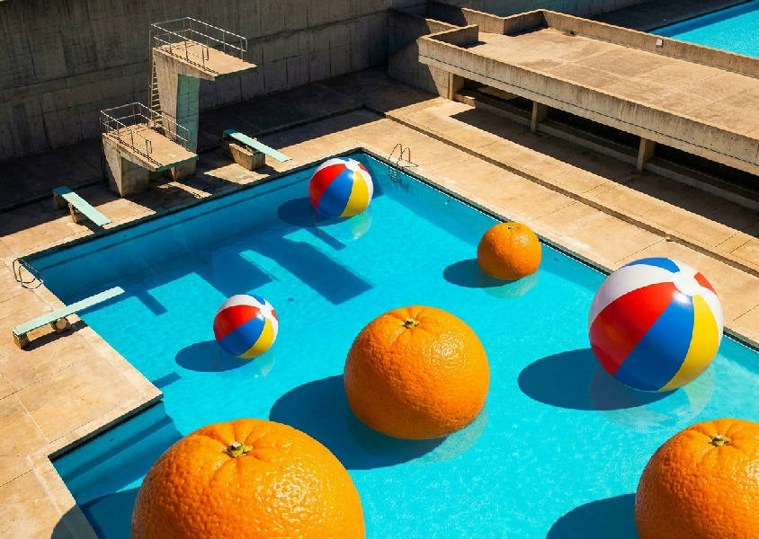 Brutalistisk betongpool, ljust turkost vatten, stora apelsiner, retro strandbollar. Skarpa skuggor, pop-art färger, porträtt.