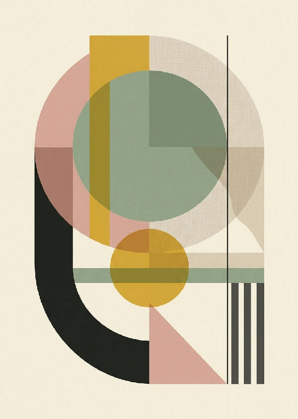 Abstrakt geometriskt mönster i Bauhaus-stil med rektanglar och cirklar i dämpade färger.