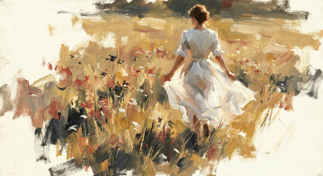 Impressionistisk oljemålning av en kvinna sedd bakifrån, klädd i vit klänning, gående genom en solbelyst sommaräng med högt gyllene gräs och diffust ljus.