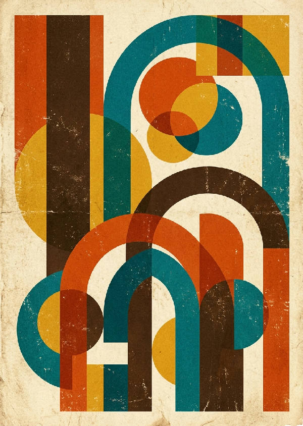 Abstrakt poster med geometriska former i nyanser av rost, orange och petrolblått. Vertikal orientering.