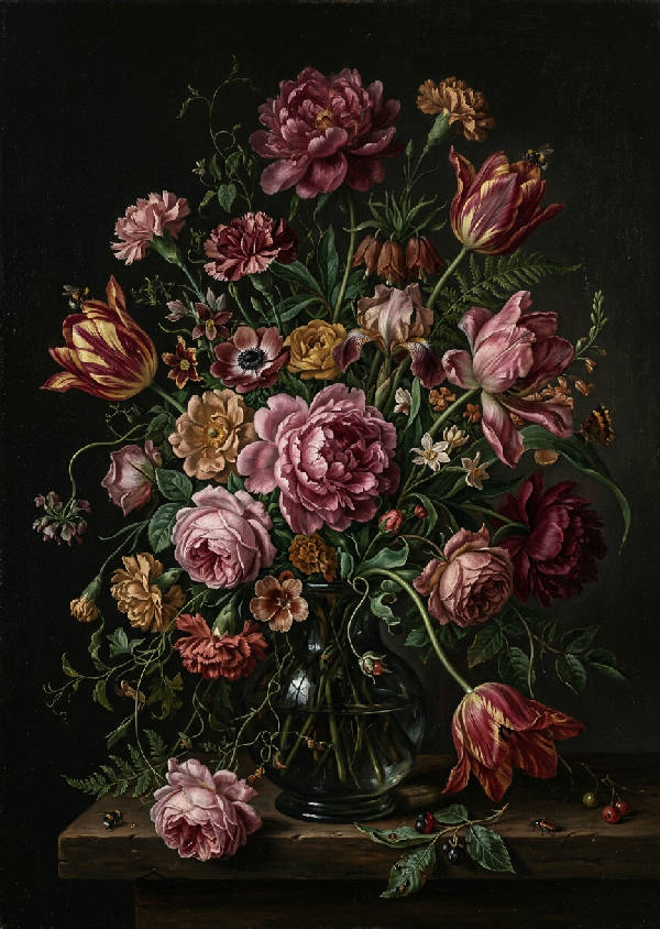 En överdådig, något vissnande bukett med pioner och tulpaner i djuprött, rosenrosa och dämpad ockra i en mörk glasvas, dramatiskt sidobelyst mot en nästan svart bakgrund.