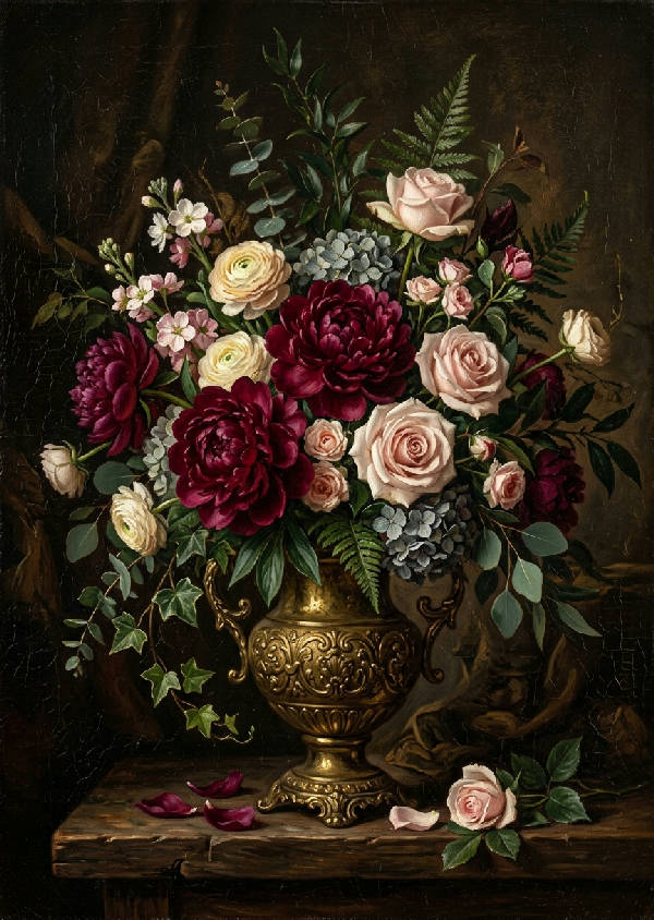 Porträttorienterad oljemålning i holländsk stillebenstil föreställande en bukett rosa pioner och rosor i en vas.