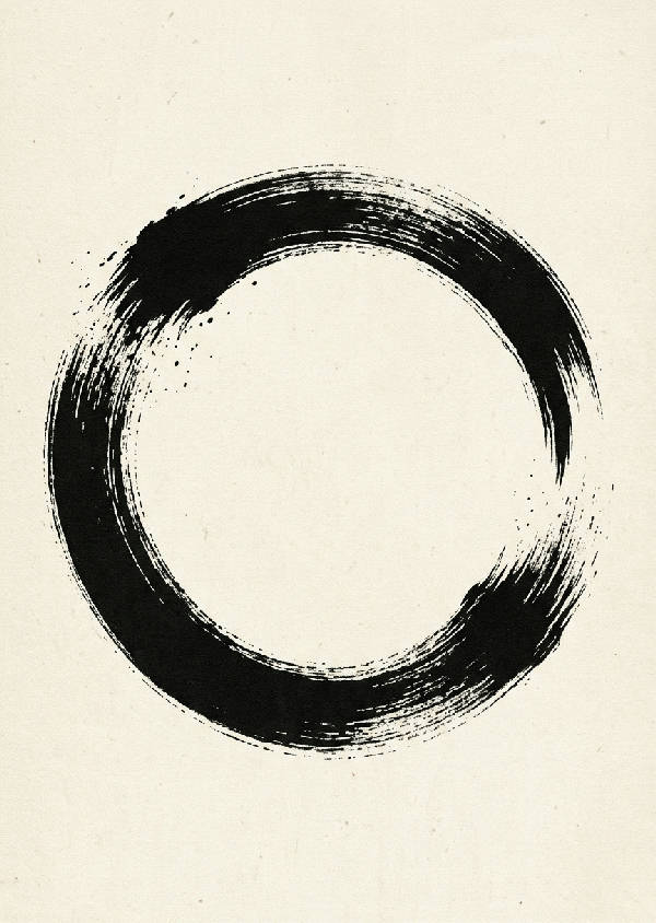 Abstrakt svart bläckcirkel på vit bakgrund i Japandi-stil. Minimalistisk och organisk design.