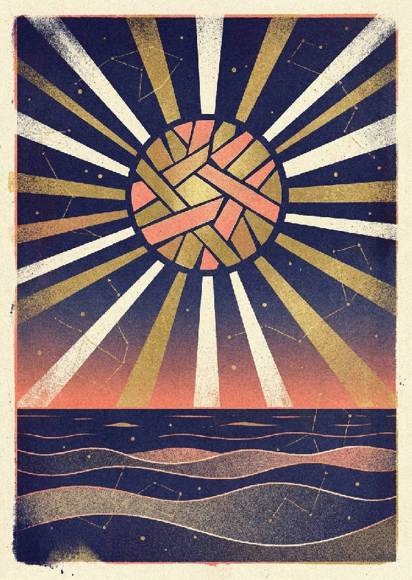 Abstrakt risograph-affisch med en mystisk sol som strålar geometriska ljusstrålar över en minimalistisk havshorisont i färgerna indigoblått, guld, korallrosa och benvitt. Mycket bläckblödning och kornig papperstextur.