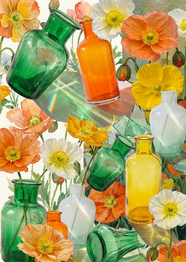 Digitalt collage med isländska vallmor, färgade glasvaser i smaragdgrönt och orange samt skimrande solljusrefraktioner.