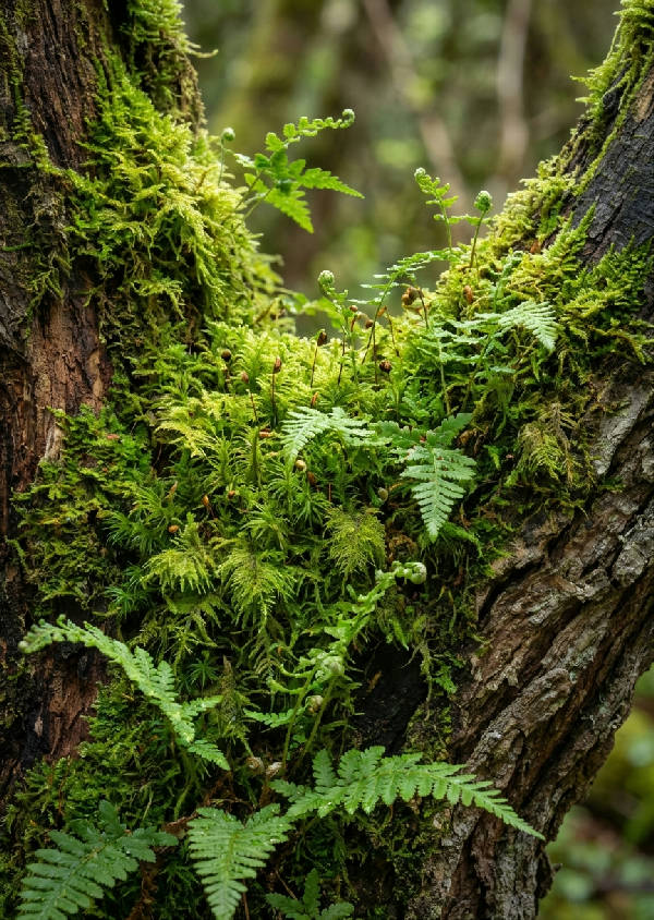 Närbild av livfull grön mossa och ormbunkar på en gammal, knutig trädstam i en skuggig skog, med mjukt naturligt ljus som belyser intrikata texturer.