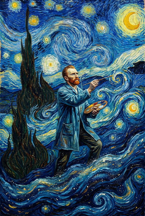 Målning i Van Gogh-stil av konstnären som står på en virvlande kosmisk våg under en stjärnklar himmel, med cypress-träd och glödande månar.