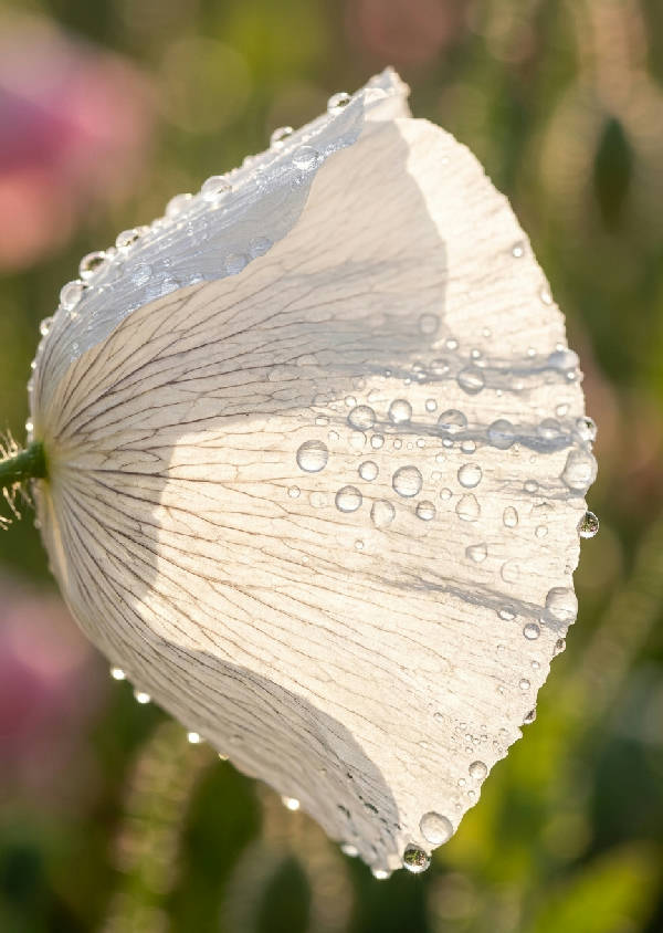 Närbild i makrofotografi av ett mjukt och skirt kronblad i en blekrosa nyans med fina detaljer.