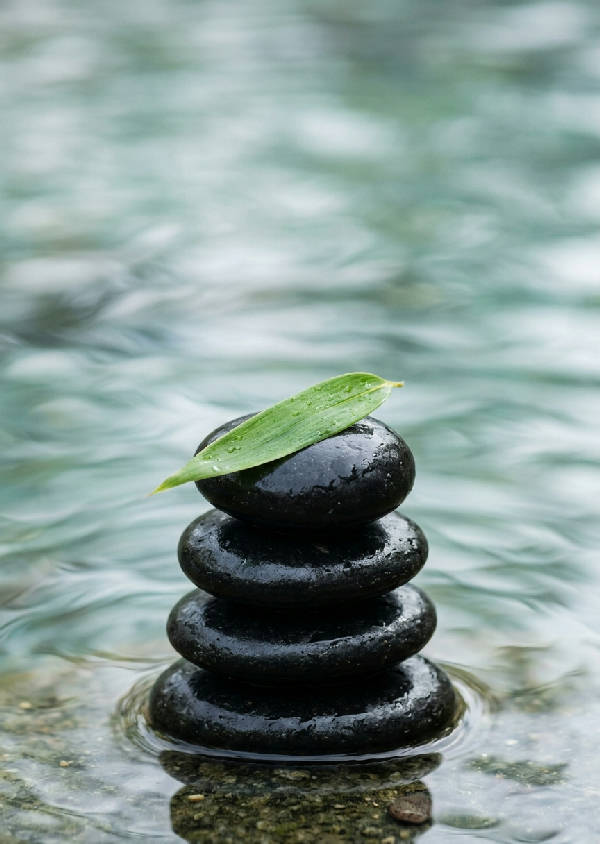 Staplade släta grå zen-stenar bredvid livfulla gröna bambustjälkar med mjukt naturligt ljus, vilket skapar en fridfull scen.