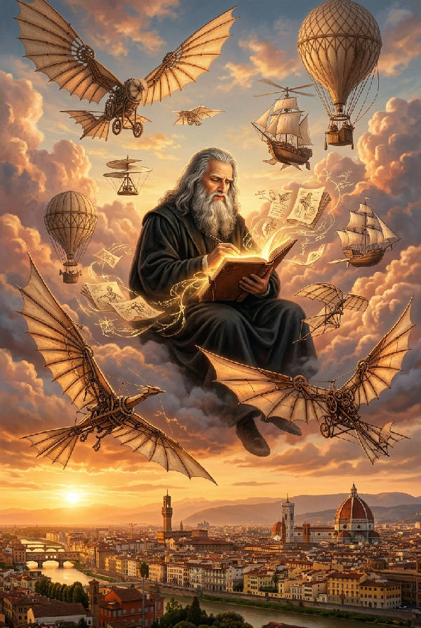 Leonardo da Vinci svävande bland skisser av futuristiska flygmaskiner, omgiven av renässansmoln över Florens i gyllene timmen.