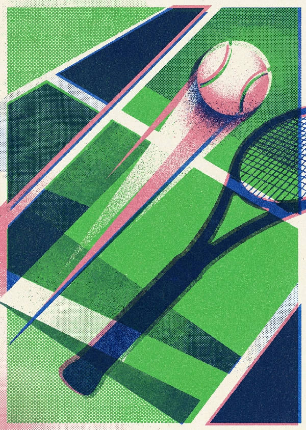 Abstrakt tennis scen i risografistil med grönt, marinblått, rosa och off-white. Geometrisk rörelse.