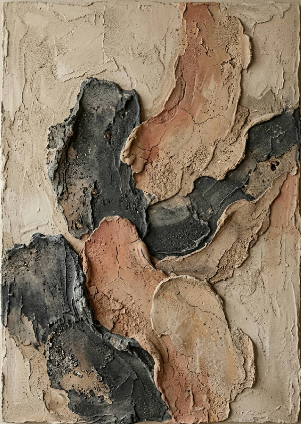 Närbild av abstrakt konst med en texturerad yta i mjuka beige, bruna och grå nyanser
