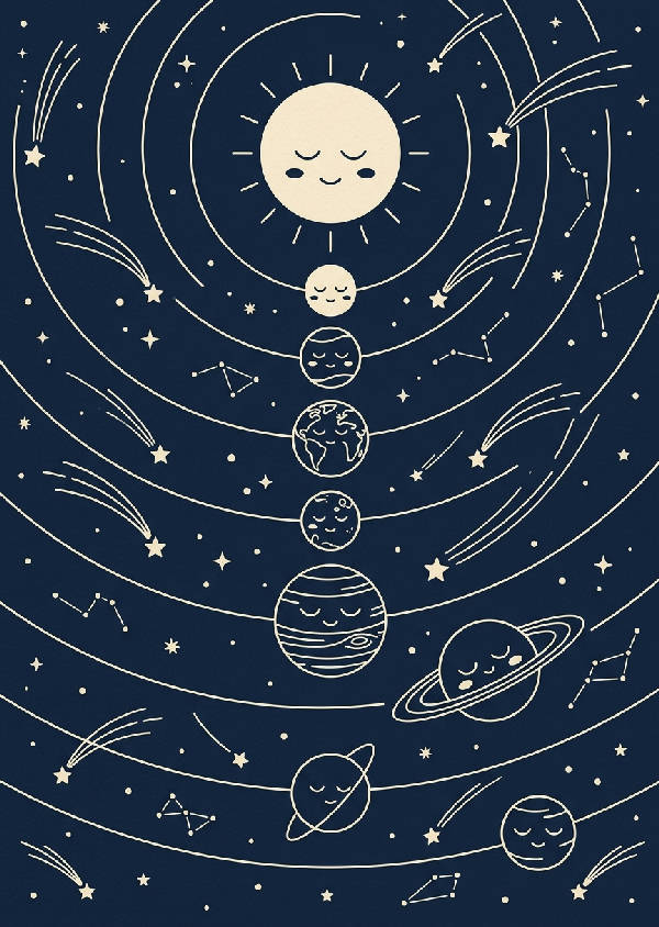 Minimalistisk illustration av ett solsystem med sju sovande planeter, där varje planet har subtila ögonlock och lugna ansiktsuttryck. Ljusa blå och lila nyanser dominerar mot en mörkblå bakgrund.