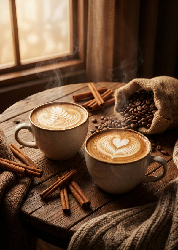 Två koppar med vacker latte art, kanelstänger och kaffebönor på en mysig bakgrund
