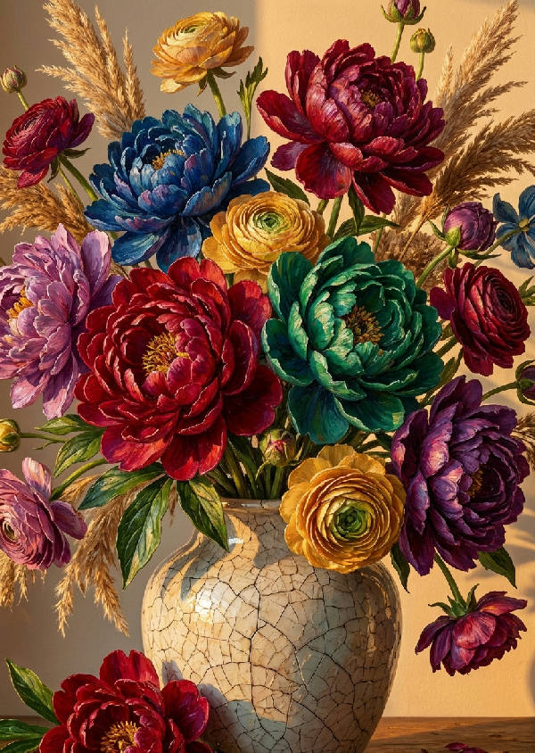 Hyperrealistisk målning av en maximalistisk blomsteruppsättning med djupt lager av pioner, ranunkler och torkat gräs i rika juveltoner som spränger ut ur en sprucken keramikvas, med synlig impasto-borststruktur och varmt gyllene timmesljus.