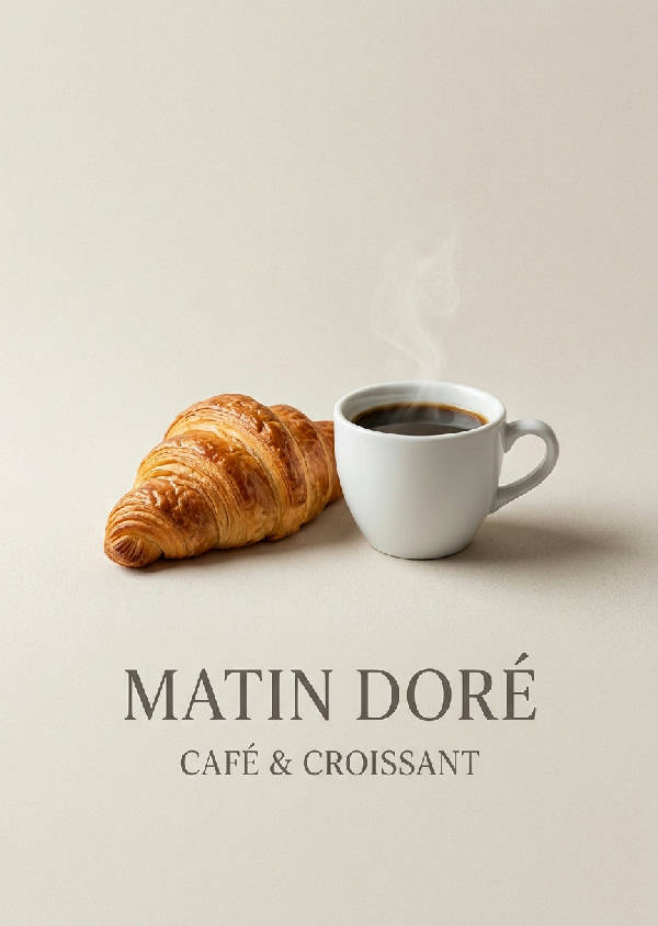 Hyperrealistisk minimalistisk poster med ett gyllene smördegskrokissan och en liten vit kaffekopp med ånga på ljus beige bakgrund, elegant seriftypografi.