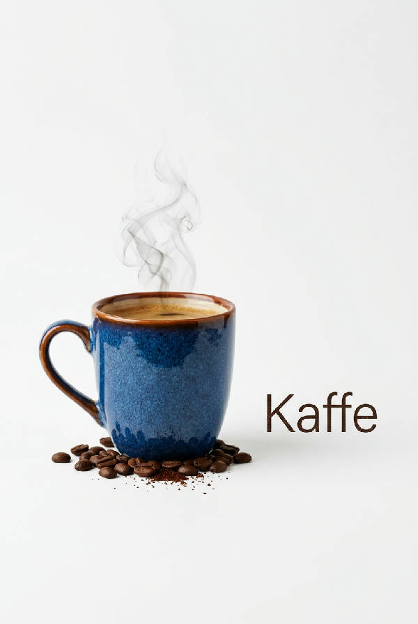 Abstrakt minimalistisk poster med en stiliserad brun kaffekopp och texten 'Kaffe' på vit bakgrund.