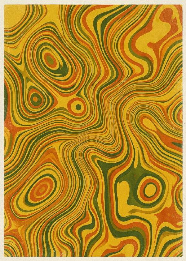 En stående abstrakt affisch med ett psykedeliskt 70-talsmönster i böljande linjer och varma orangea samt terrakottafärger.