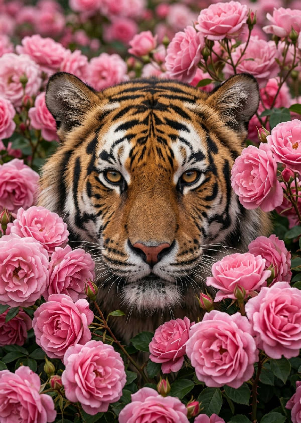 Närbild av en tigers ansikte som tittar fram bland rosa rosor, med mjukt ljus och ultrarealistiska detaljer av päls och kronblad.