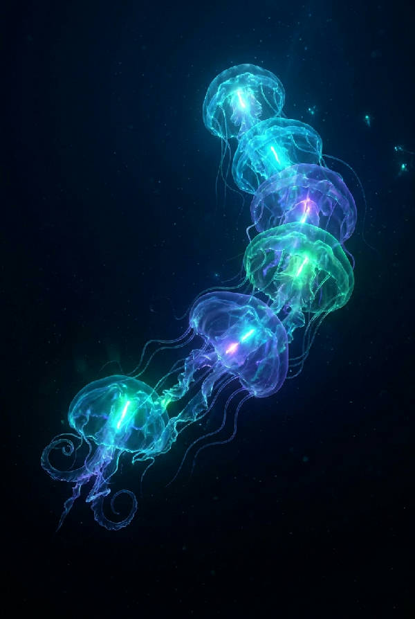 Kolossal bioluminiscent sifonofor i en mörkblå avgrund, glödande turkos, grön, lila, med genomskinliga tentakler.