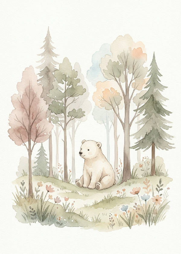 En lugn barnposter med en minimalistisk akvarellillustration av en liten beige björn som sitter bland mjuka gröna träd och gräs i en skog, med en mjuk pastellpalett av varmt beige, salviagrönt och ljusgrått.