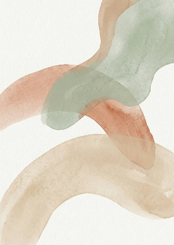 Abstrakt minimalistisk konst med flödande organiska former i blek terrakotta, salviagrön och varm beige.