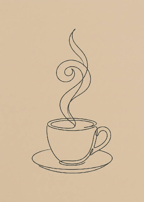 Minimalistisk linjekonst av en ångande kaffekopp på vit bakgrund, sett rakt framifrån.