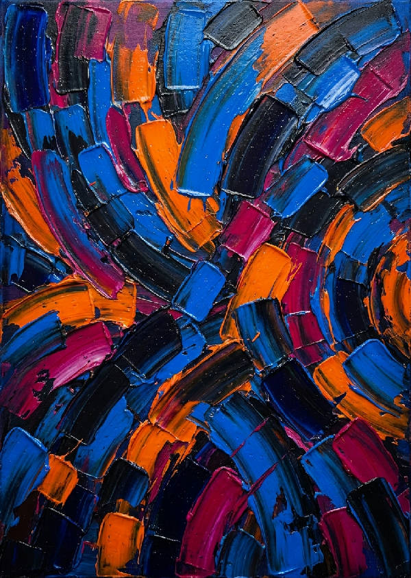 Abstrakt oljemålning med tjocka impasto-penseldrag, explosiva geometriska former. Koboltblå, mandarinorange, magenta, kolsvart, glansiga färgkammar.