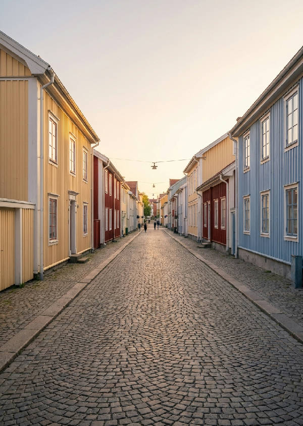 Arkitekturfoto av Haga Nygata i Göteborg. Kullerstensgata kantad av traditionella trähus i pastellfärger under mjukt eftermiddagsljus.