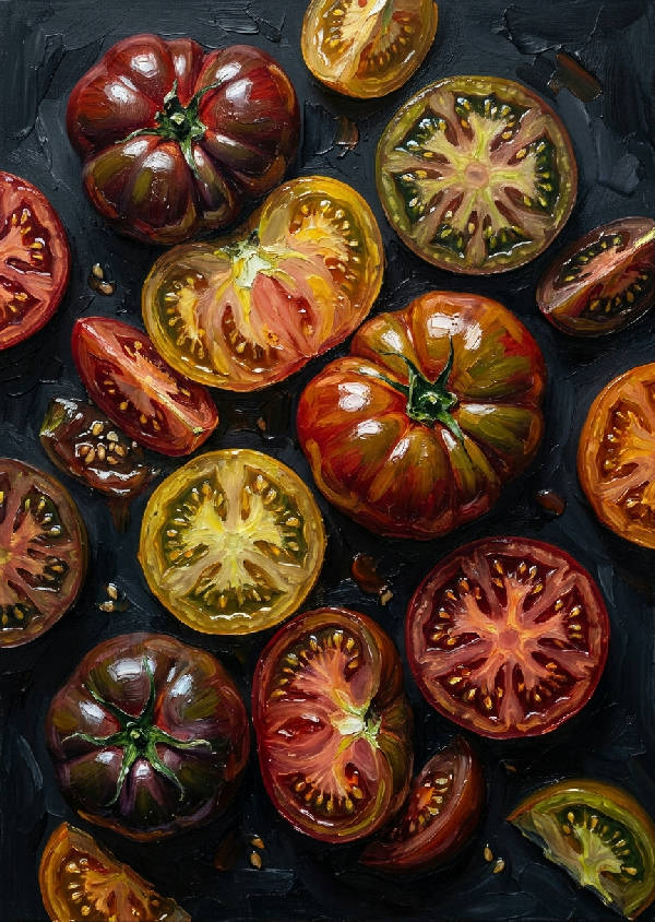 Impasto oljemålning av skivade och hela heirloom-tomater i djuprött och gult mot en mörk, stämningsfull bakgrund.