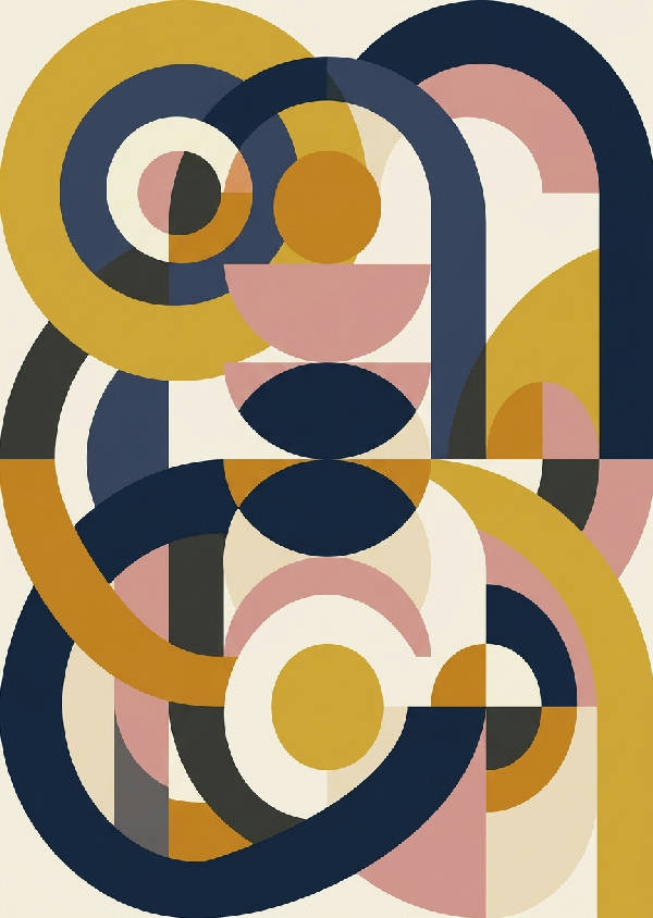Stående affisch med minimalistiska svarta och ljusa geometriska former inspirerade av klassisk Bauhaus-design.